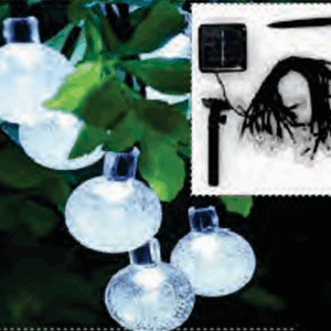 Cordão bola cristal 30 leds brancos solar 8 funções 6.5m
