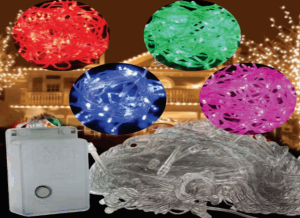 CORDÃO 100 LEDS SORTIDOS 8M ( vermelho-verde-azul-rosa)