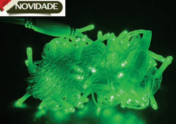 CORDÃO 100 LEDS VERDE FIXO FIO VERDE CRISTAL Ø2,2mm CONECTOR M/F USO EXTERNO