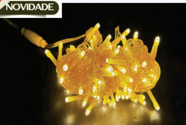 CORDÃO 100 LEDS WARM FIXO FIO AMALERO CRISTAL  Ø2,2mm CONECTOR M/F USO EXTERNO