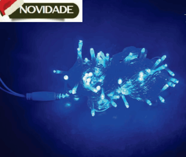 CORDÃO 100 LEDS AZUL FIXO FIO AZUL CRISTAL  Ø2,2mm CONECTOR M/F USO EXTERNO