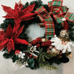 Guirlanda com enfeite de papai noel, flores e laço xadrez 40cm