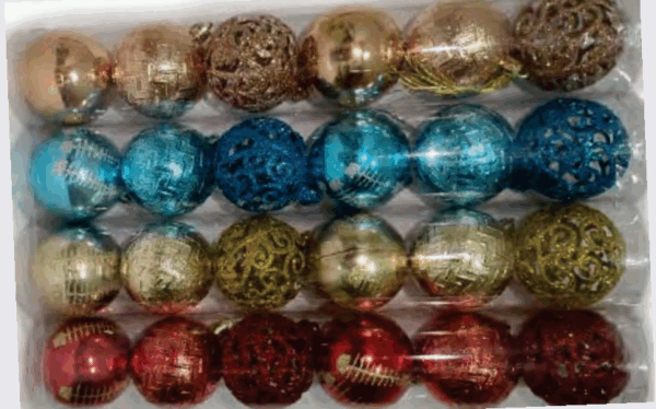 Tubo bolas 6cm sortidas (verm.,azul,dourado e rosê)